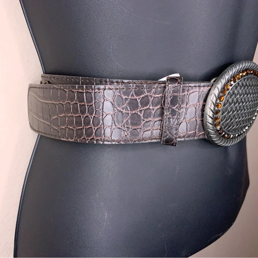 Size 14 Belt Rhinestone Brown Faux Leather Silver Buckle Western Woven Look